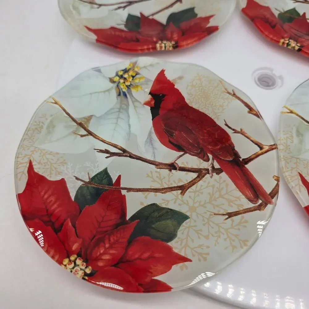 Pfaltzgraff New Winter Birds Decal Glass Appetizer Plates Set of 4 5.75